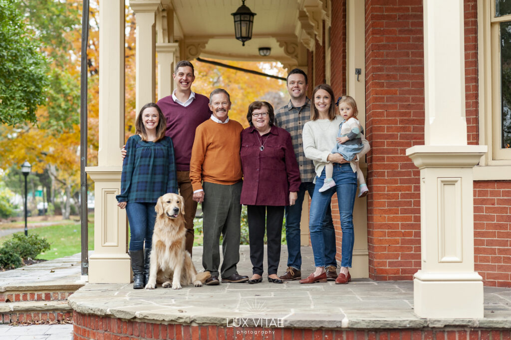 family photographer Stauffer Mansion family portrait on porch at Stauffer Mansion, Lancaster, PA