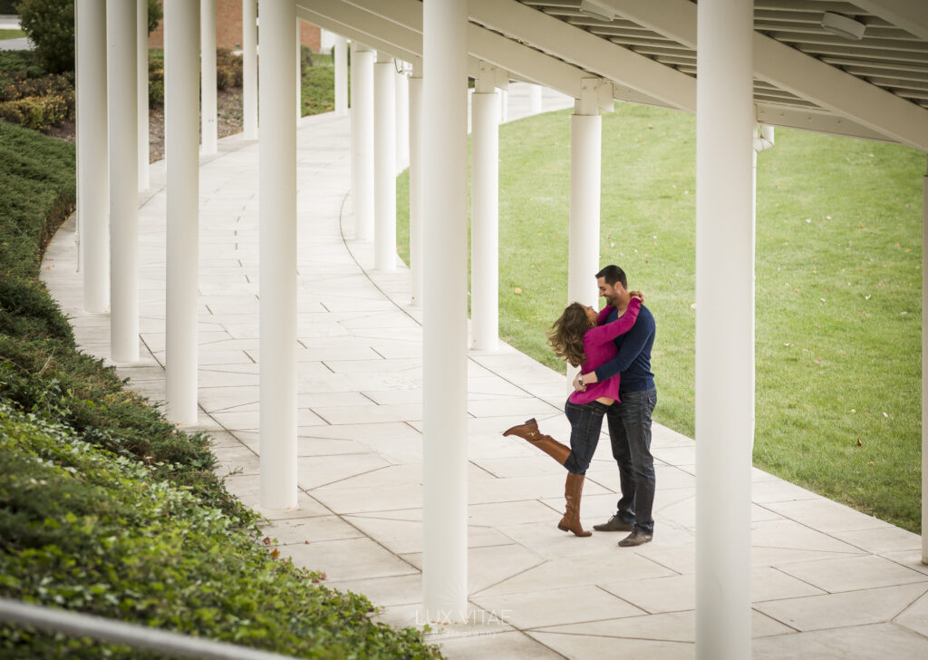 Engaged couple Christina & Scott at Founders Hall in Hershey, captured during their engagement session by Lux Vitae Photography.